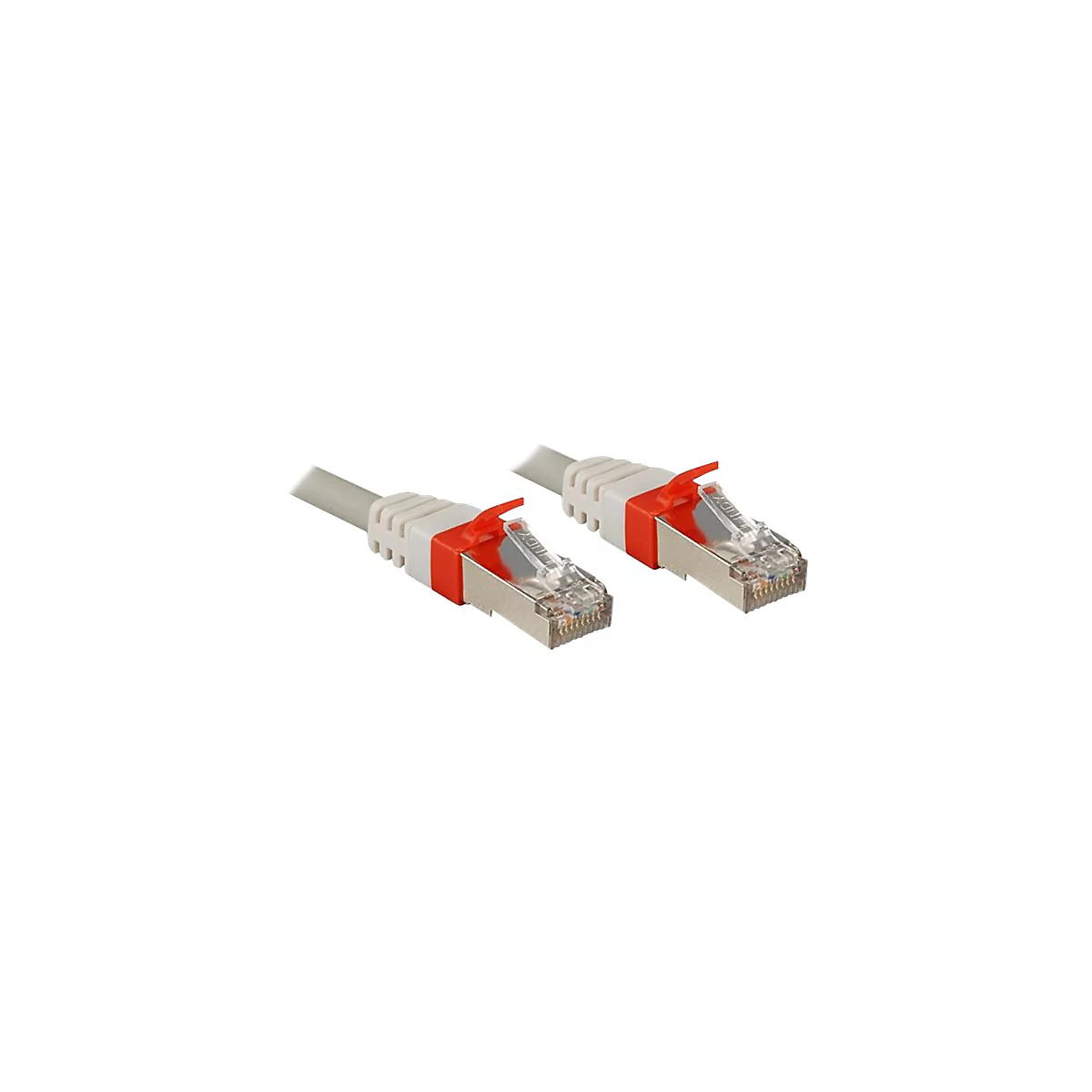 Zwei graue Netzwerkkabel mit orangefarbenen und weißen Steckern. Details wie der Stecker und die Laschen sind deutlich zu sehen.