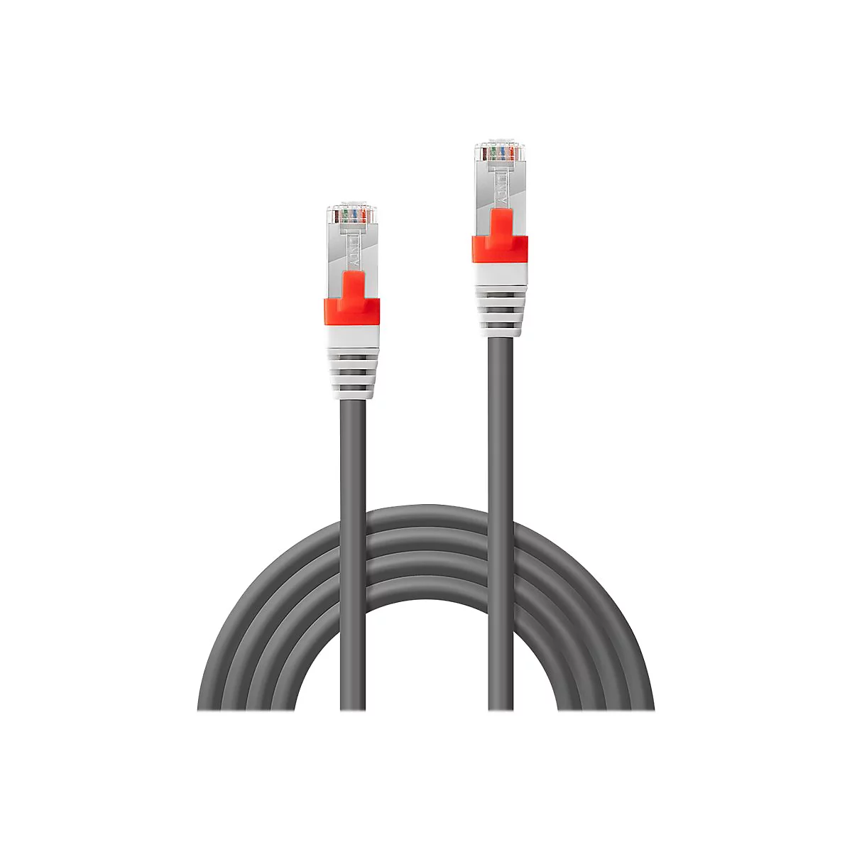Zwei graue Netzwerkkabel mit roten Akzenten und weißen Details; Kabel sind zu einer Schleife geformt, weißer Hintergrund.