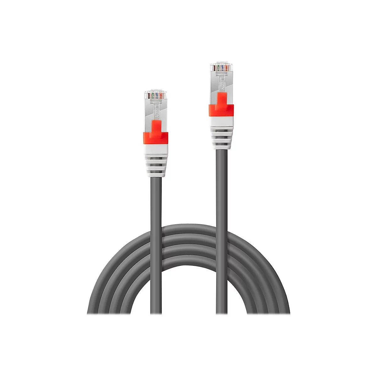Graues Netzwerkkabel mit roten und weißen Akzenten auf weißem Hintergrund.