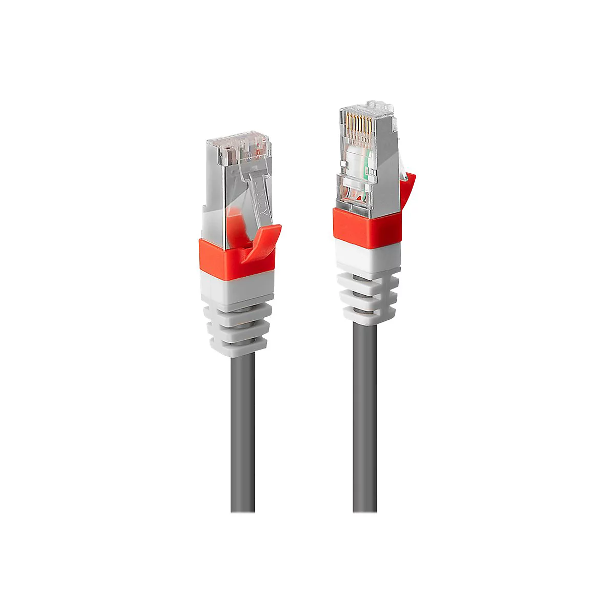 Zwei graue Netzwerkkabel mit orangefarbenen und weißen Akzenten. Die Stecker sind transparent.