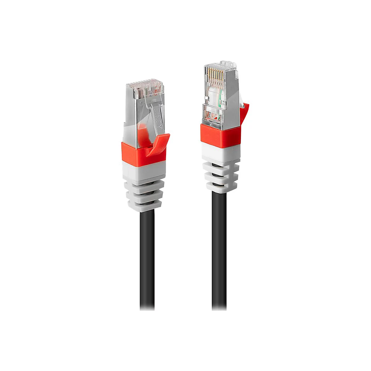 Zwei schwarze Netzwerkkabel mit roten und grauen Steckern. Kabeldetailansicht.