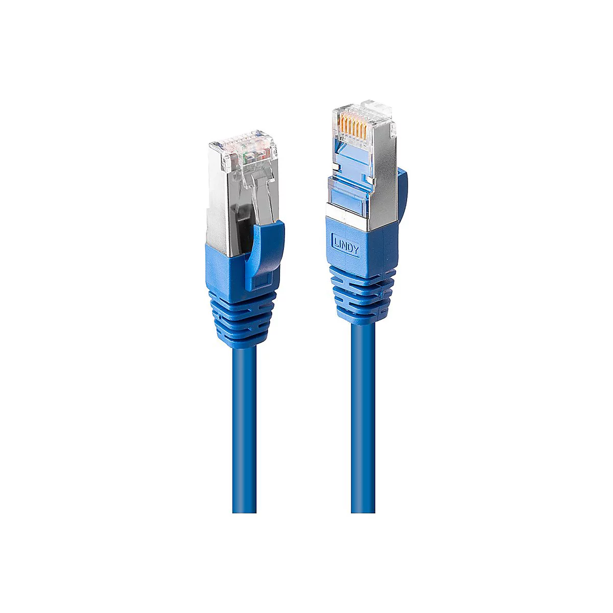 Zwei blaue RJ45-Netzwerkkabelstecker von Lindy mit silbernen Metallgehäusen vor weißem Hintergrund.