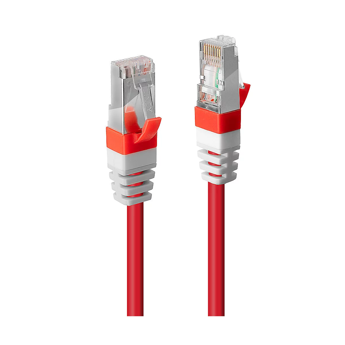 Zwei rote Netzwerkkabel mit Steckern, teilweise im Detail gezeigt.