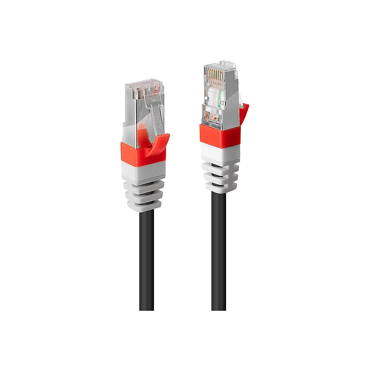 Zwei schwarze Netzwerkkabel mit grauen, weißen und roten Steckern vor weißem Hintergrund.