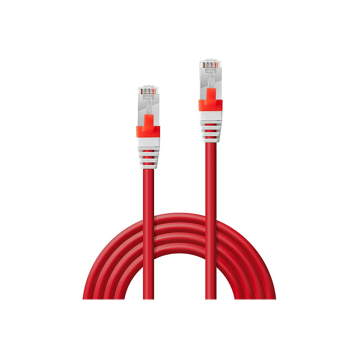 Rotes Netzwerkkabel mit Steckern; weißer Streifen, transparentes Ende.