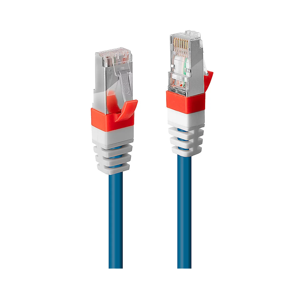 Zwei blaue Ethernet-Kabel mit roten und weißen Akzenten und transparenten Steckern, die nebeneinander liegen.