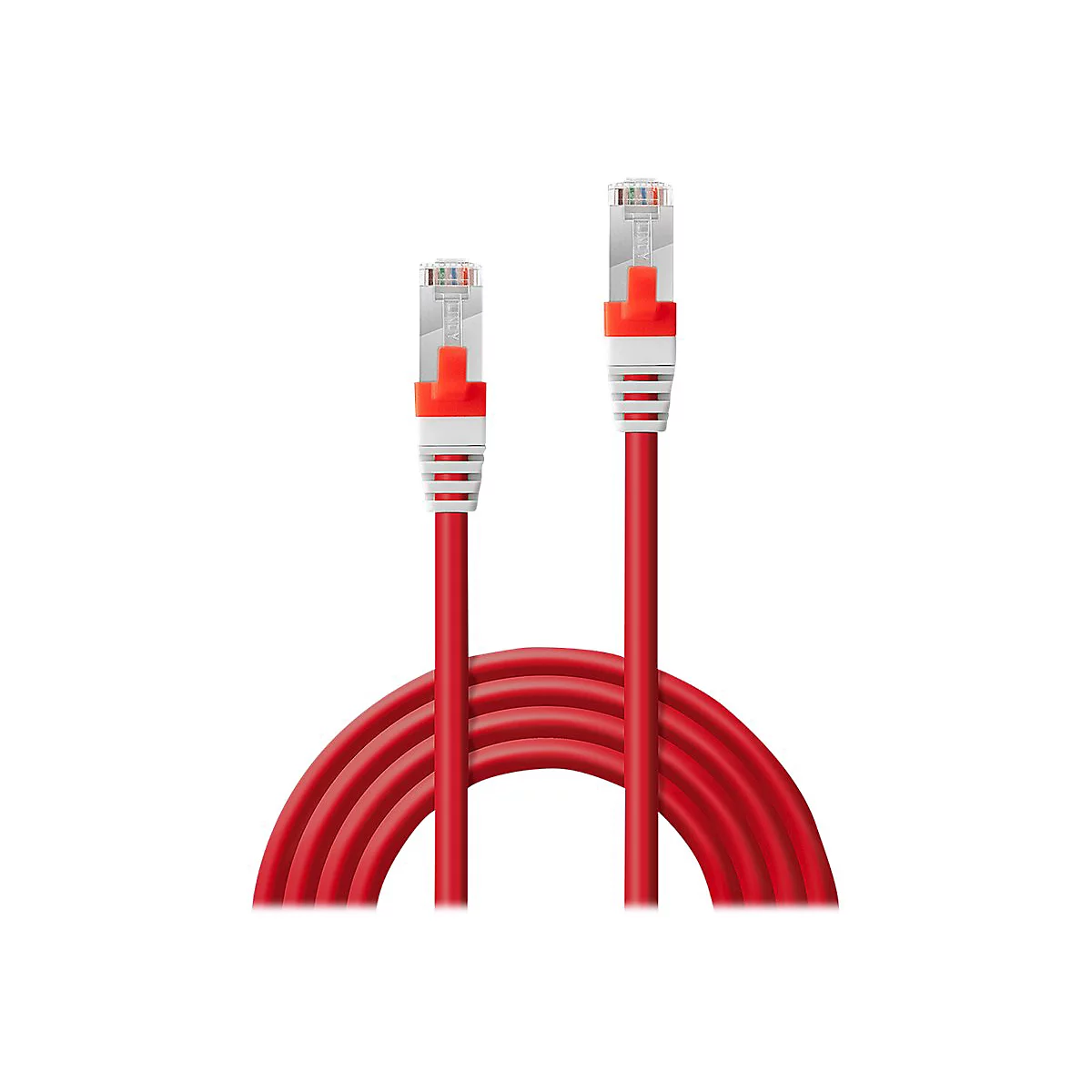 Rotes Netzwerkkabel mit Steckern; weißer und roter Stecker, die an einem gewellten Kabel befestigt sind.