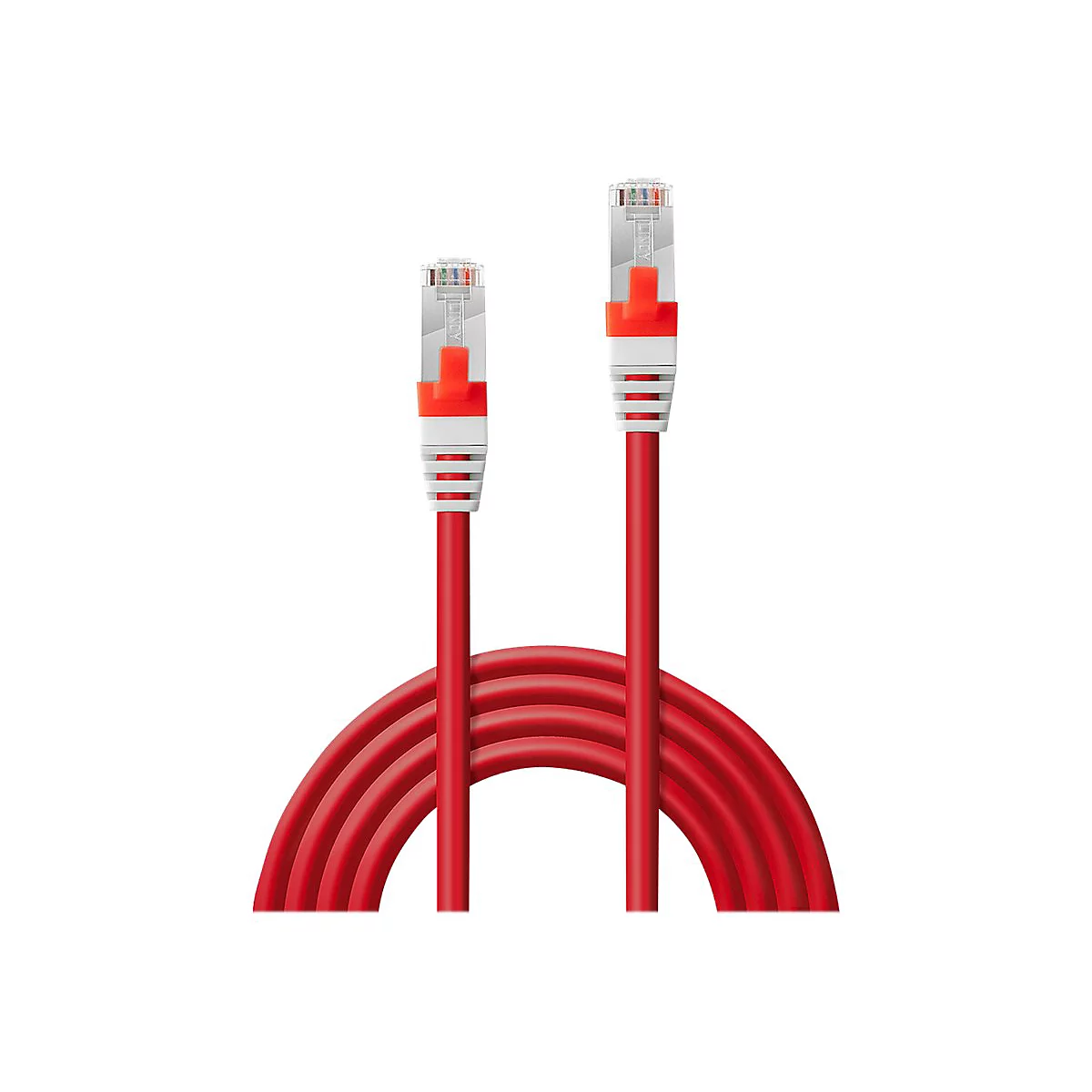 Rotes Netzwerkkabel mit Steckern, die nach oben zeigen. Kabel gewellt.