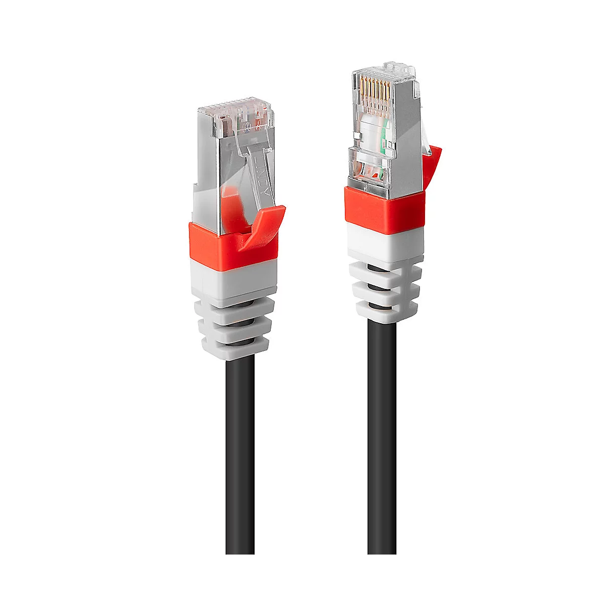 Zwei schwarze Netzwerkkabel mit orangefarbenen und weißen Akzenten und transparenten Steckern. Kabel zeigen nach oben.