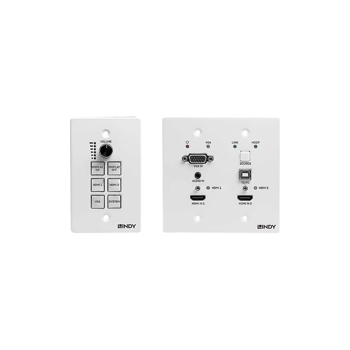 Zwei weiße Wandplatten mit Bedienelementen und Anschlüssen. Links: Lautstärke, Display Ein/Aus, HDMI 1/2, VGA, System. Rechts: VGA-Eingang, HDMI-Eingänge, Anschlüsse.