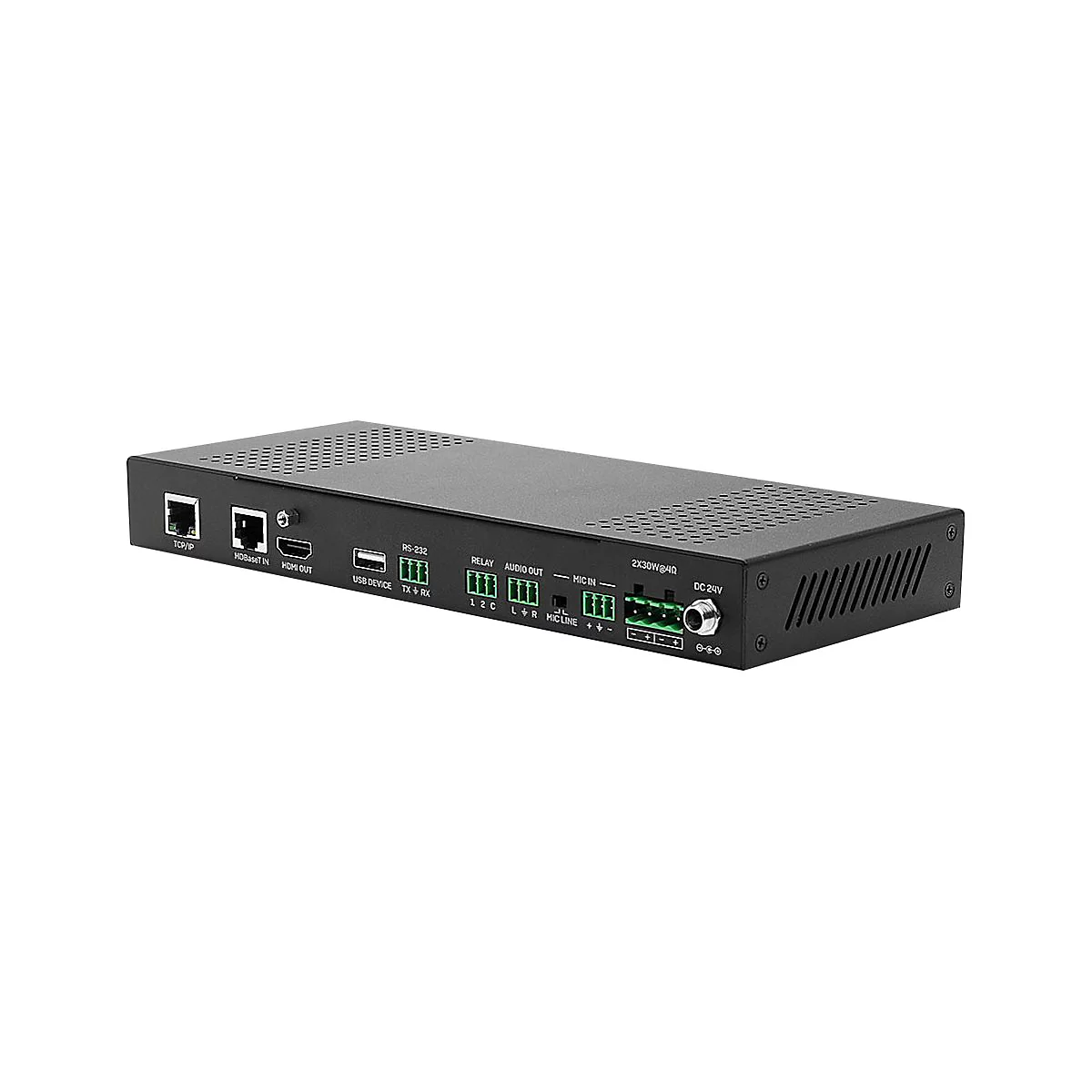 Schwarzes elektronisches Gerät mit Anschlüssen für HDMI, USB, RS-232 und Netzwerk. Beschriftung und Beschriftungen sind auf dem Gerät sichtbar.
