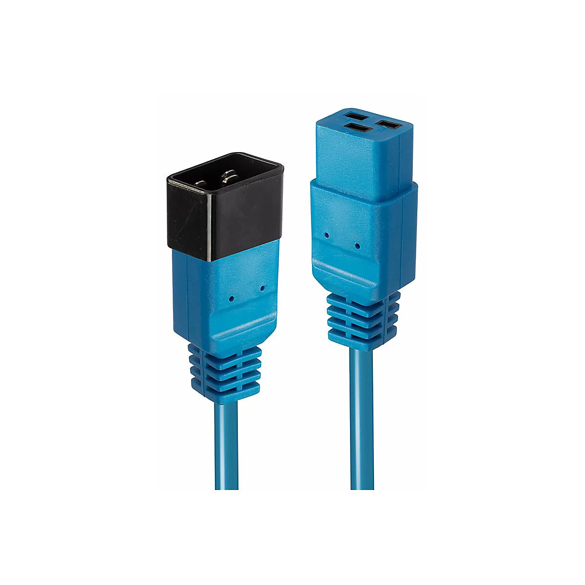 Zwei blaue Netzkabel, Stecker und Buchse, auf weißem Grund. Der Stecker hat einen schwarzen Kopf.