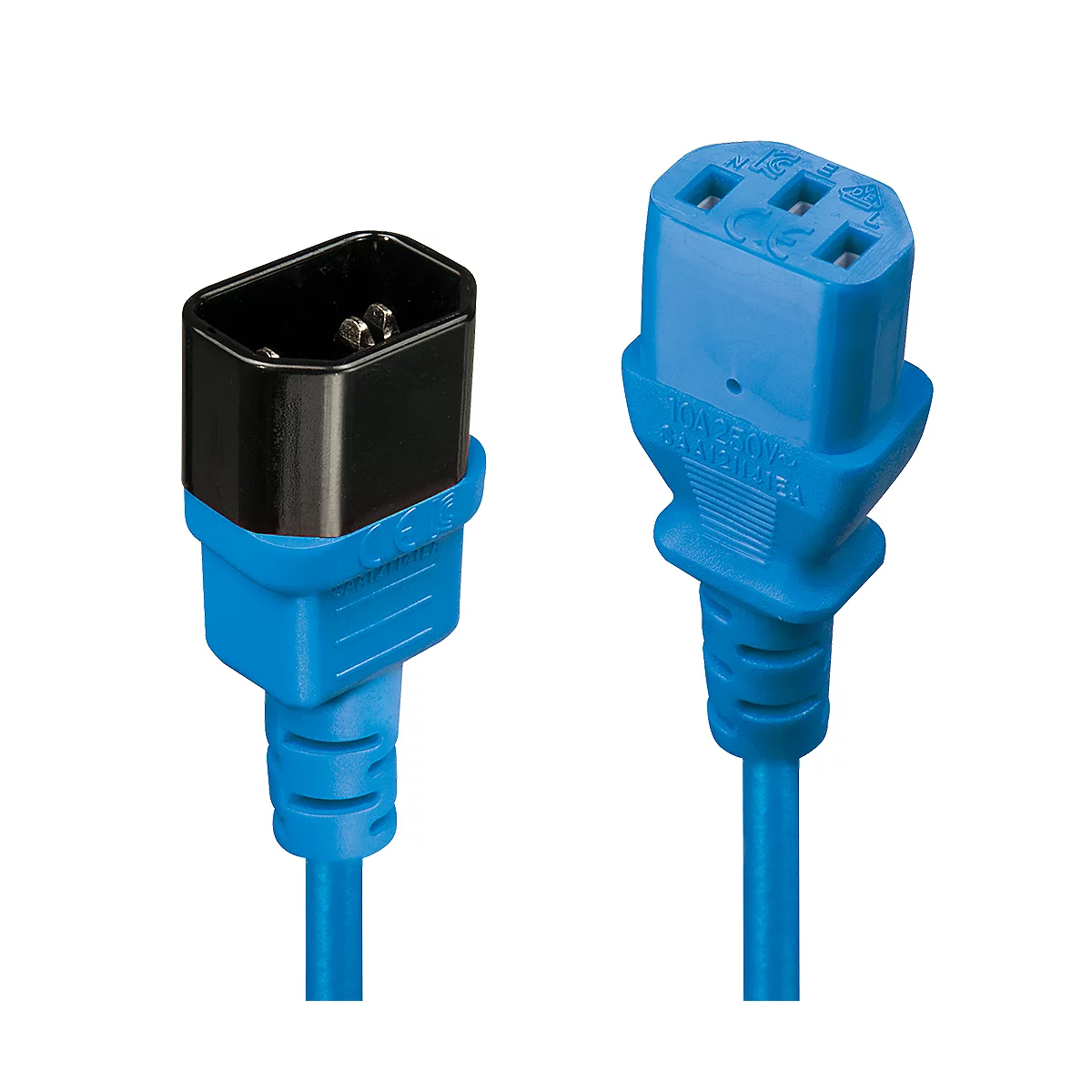 Zwei blaue Netzkabelstecker mit schwarzen und blauen Teilen. Auf dem blauen Stecker sind technische Daten zu sehen.