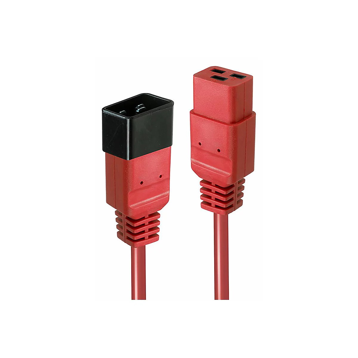 Zwei rote Netzkabelstecker mit schwarzen und roten Gehäusen, vor weißem Hintergrund.