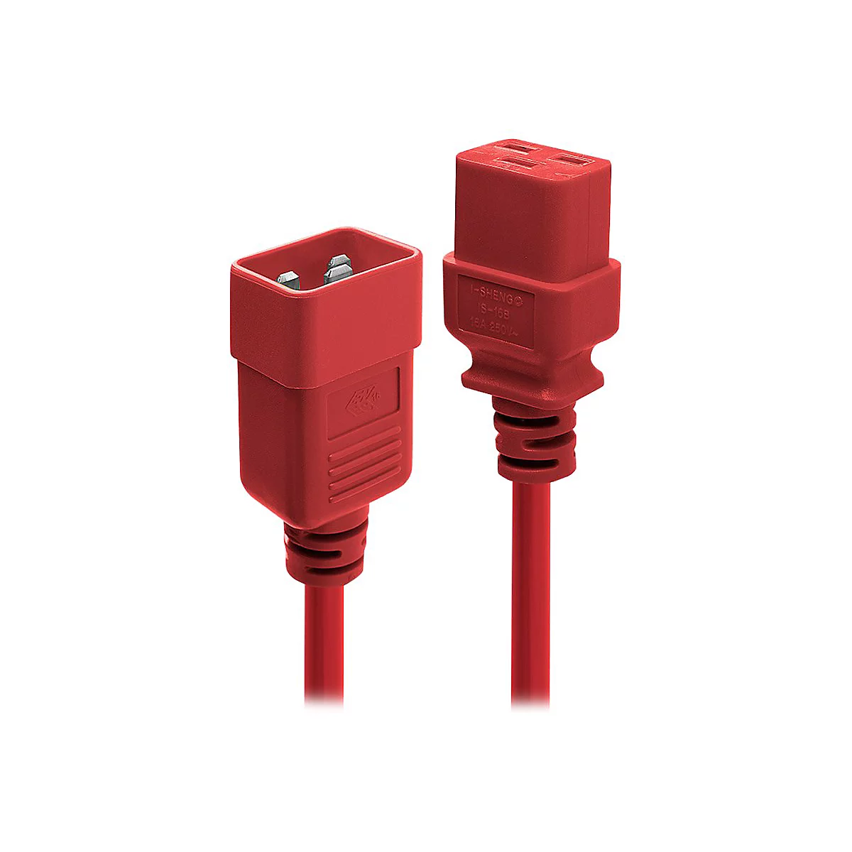 Zwei rote Netzkabelstecker mit rotem Kabel, auf weißem Hintergrund. Der Stecker ist auf der einen Seite als Buchse und auf der anderen Seite als Stecker konzipiert.