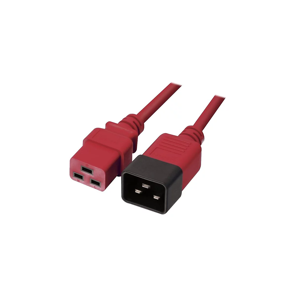 Rotes Netzkabel mit zwei Anschlüssen. Ein Stecker schwarz, der andere rot.