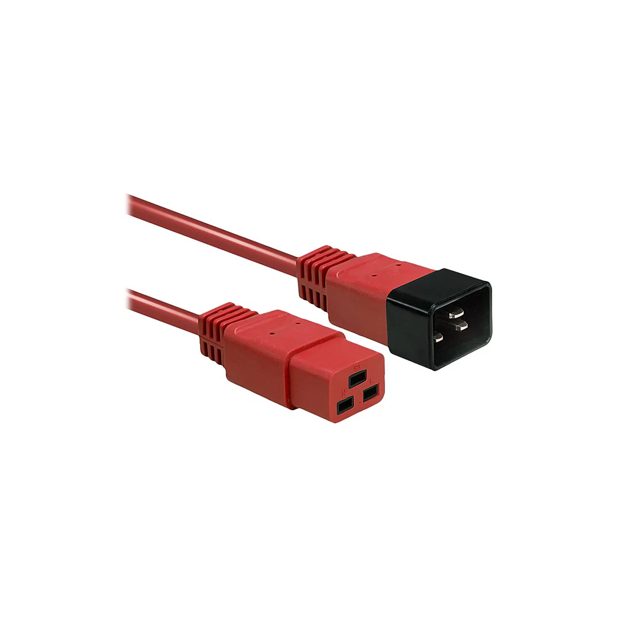 Rotes Netzkabel mit drei Kontaktöffnungen und schwarzem Stecker.