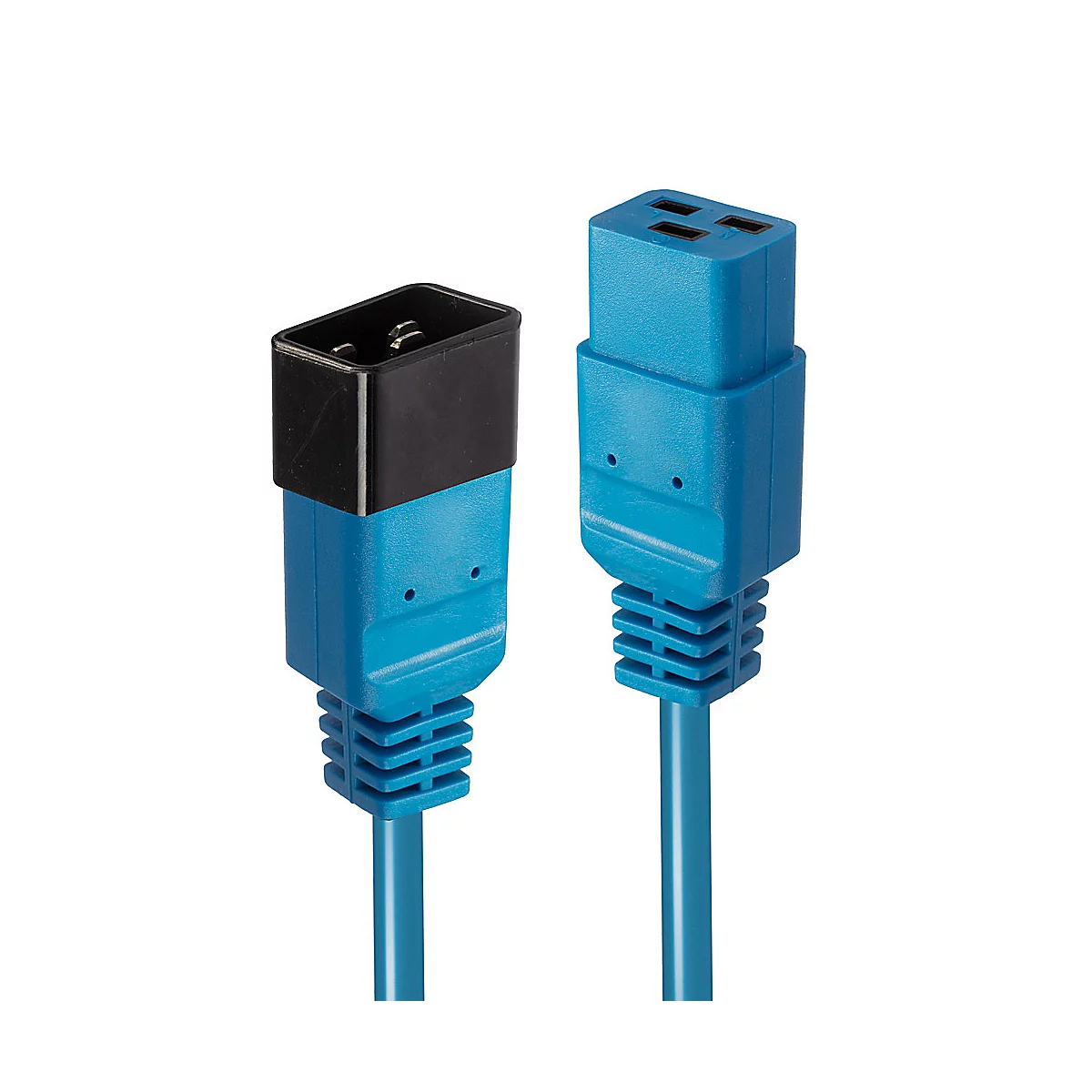 Zwei blaue Netzkabel mit schwarzen und blauen Steckern auf weißem Hintergrund.