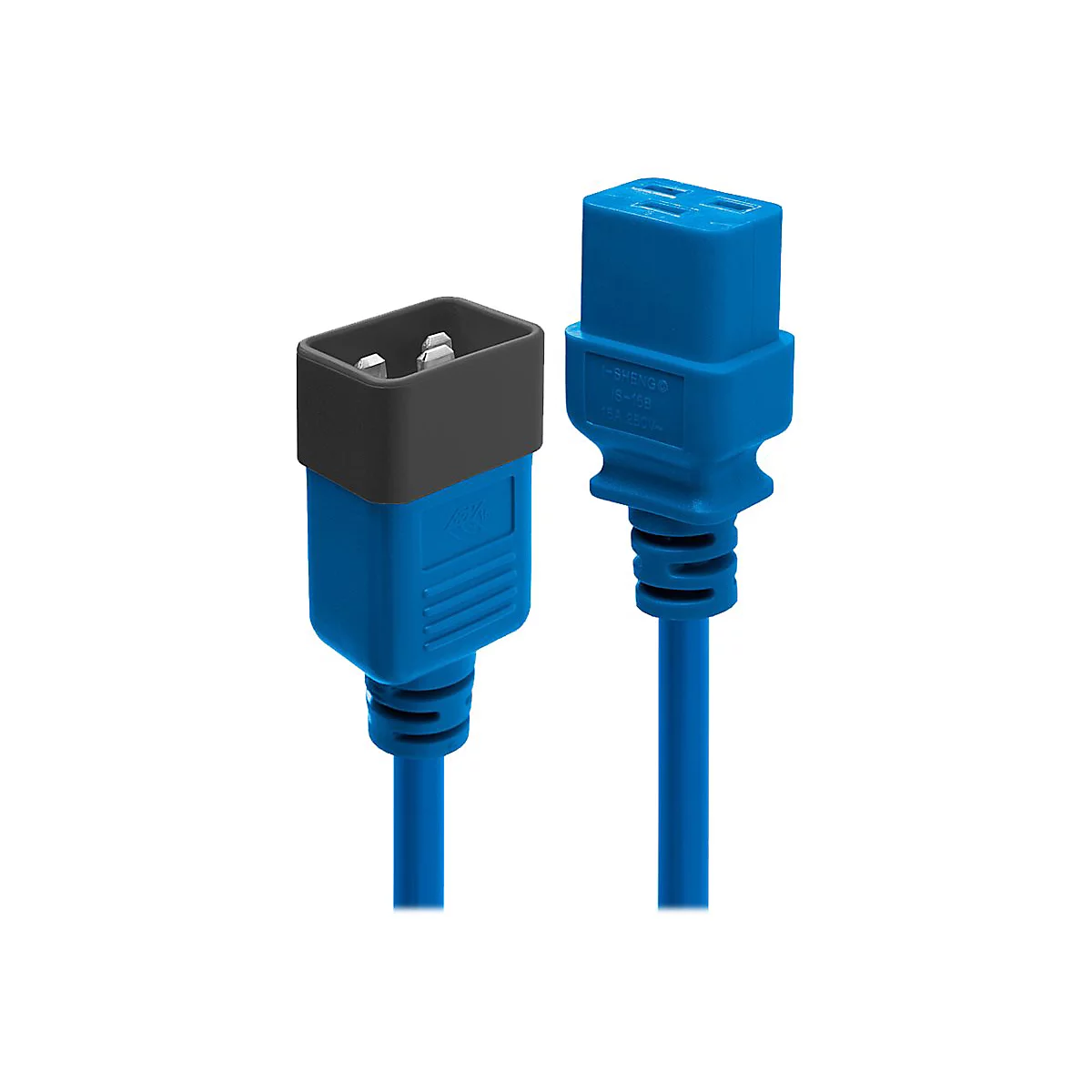 Zwei blaue Netzkabelstecker nebeneinander, mit schwarzen und blauen Elementen. Auf einem steht: I-SHENG IS-15B 16A 250V~.