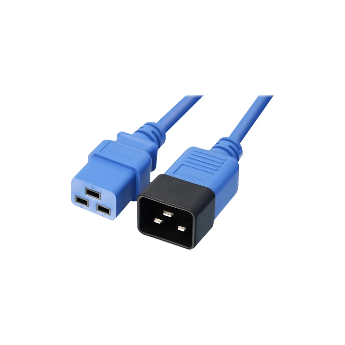 Zwei blaue Netzkabel-Stecker, der eine mit drei Löchern, der andere mit drei Stiften. Schwarze und blaue Farbgebung.