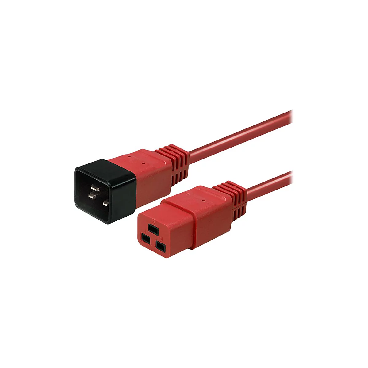 Rotes Stromkabel mit schwarzen und roten Steckern vor weißem Hintergrund. Der Stecker hat drei Löcher.