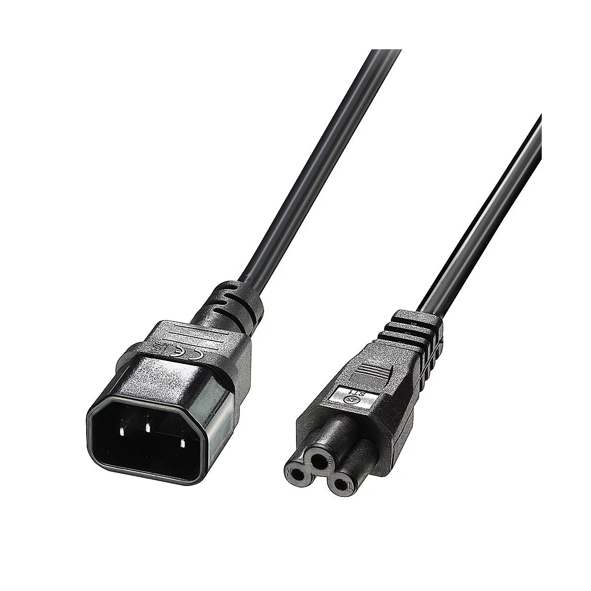 Schwarzes Netzkabel mit Stecker und Buchse, detaillierte Ansicht.