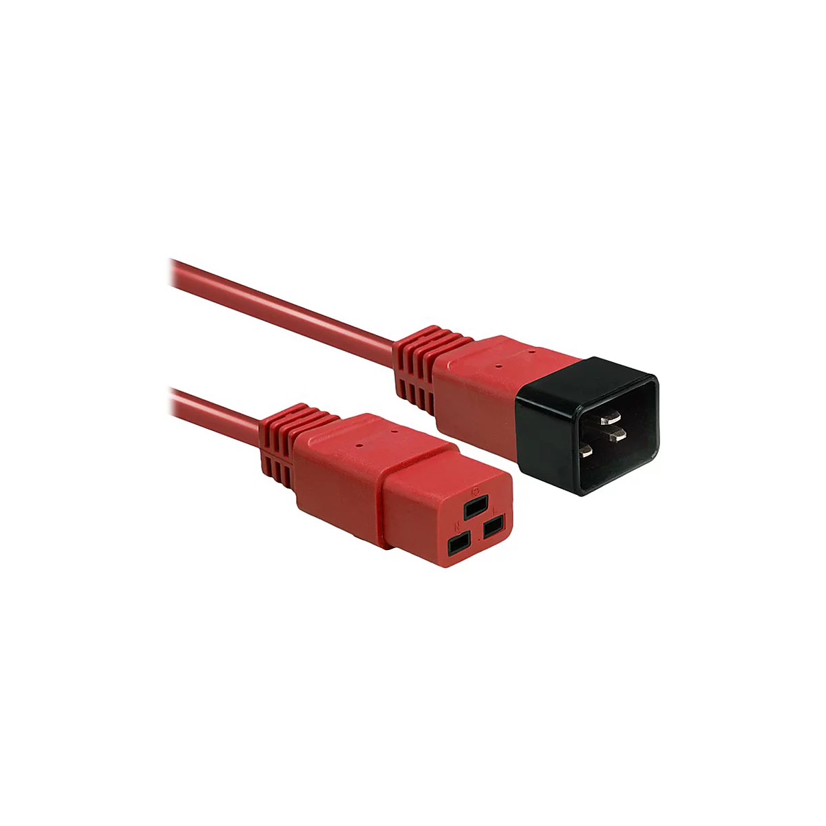 Rotes Netzkabel mit schwarzen und roten Anschlüssen. Der Stecker hat drei Stifte, der Stecker drei Öffnungen.