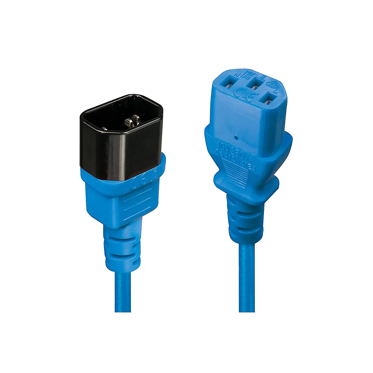 Zwei blaue Netzkabel, Stecker und Buchse, auf weißem Hintergrund. Schwarz-blauer Stecker. Aufgedruckter Text: 10A 250V.