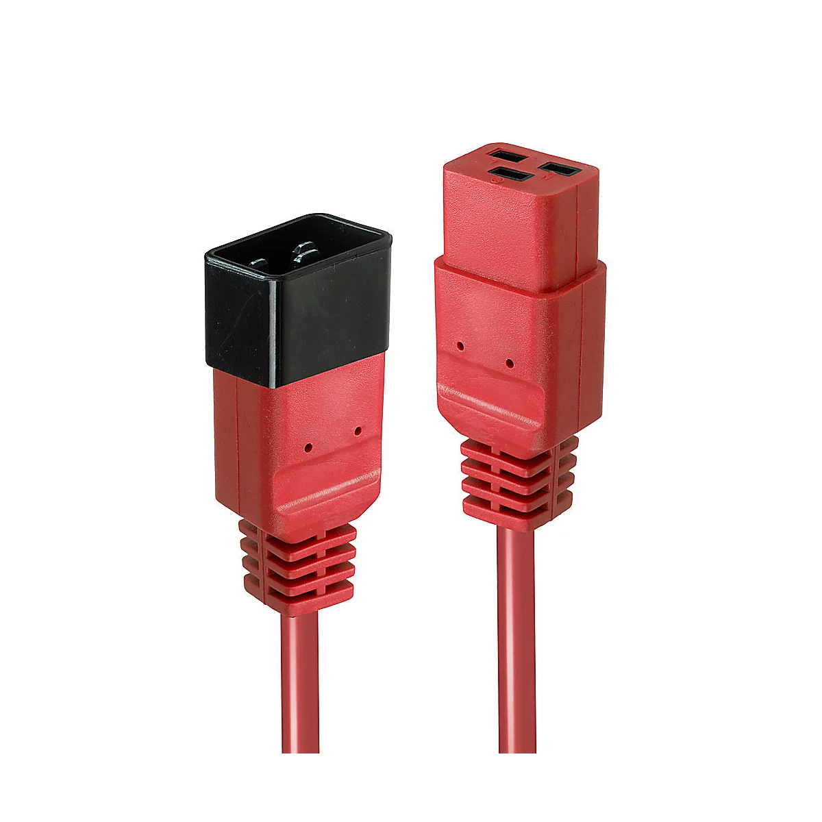 Zwei rote Netzkabelstecker mit schwarzen und roten Gehäusen, vor weißem Hintergrund.