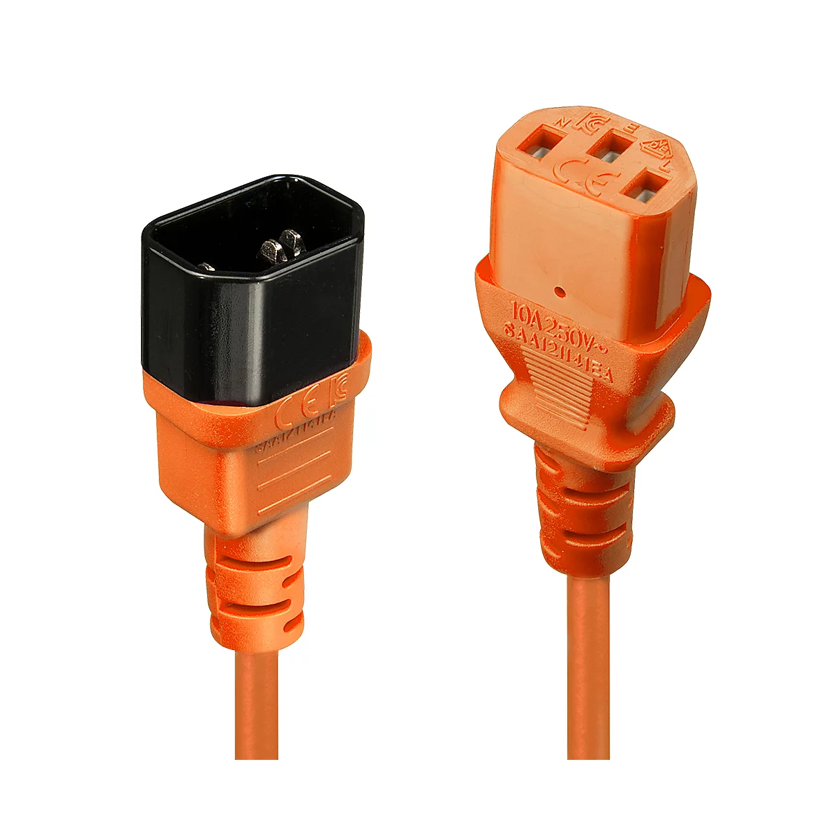 Zwei orangefarbene Netzkabel mit schwarzen und orangefarbenen Steckern. Auf einem Stecker steht "10A 250V~".