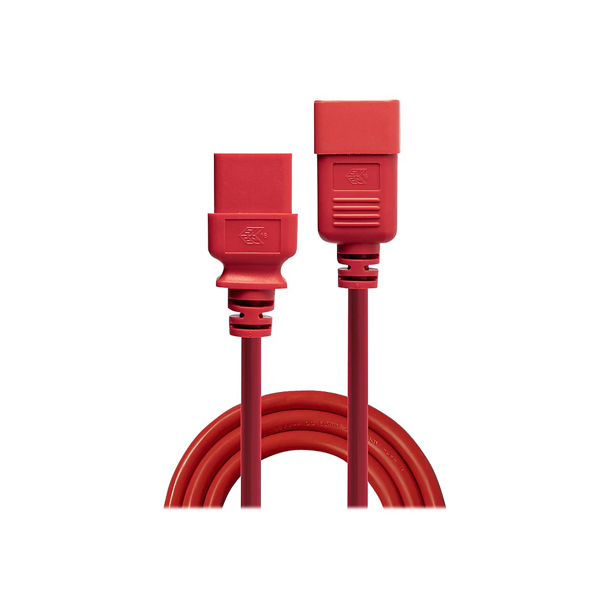 Rotes Stromkabel mit zwei Steckern. Steckerdetails zeigen das Markenlogo.