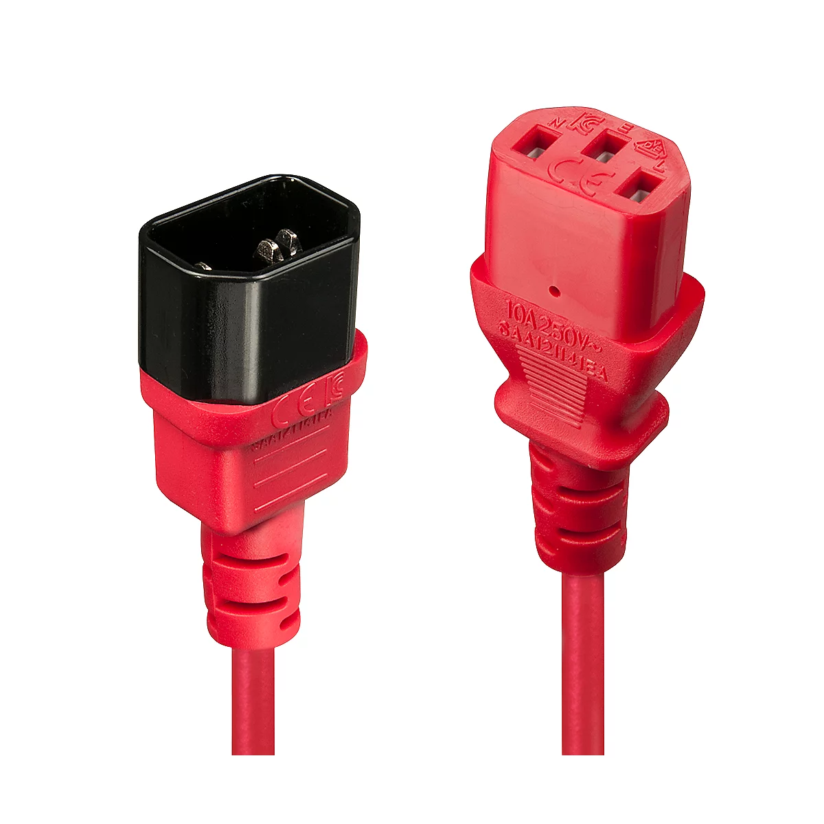 Zwei rote Netzkabelstecker mit schwarzen und roten Gehäusen, vor schwarzem Hintergrund.