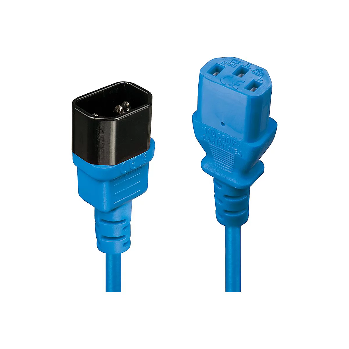 Zwei blaue Netzkabelstecker mit schwarzen und blauen Steckern auf weißem Hintergrund.