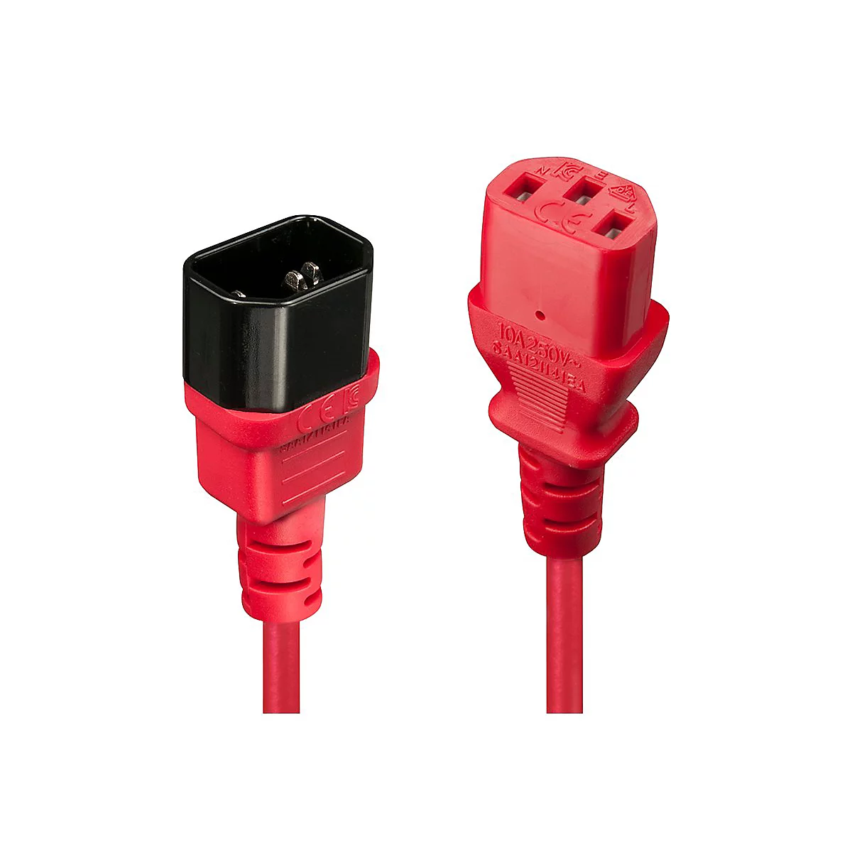 Zwei rote Netzkabelstecker mit schwarzen und roten Enden, auf weißem Hintergrund. Der rechte Stecker hat drei Löcher.
