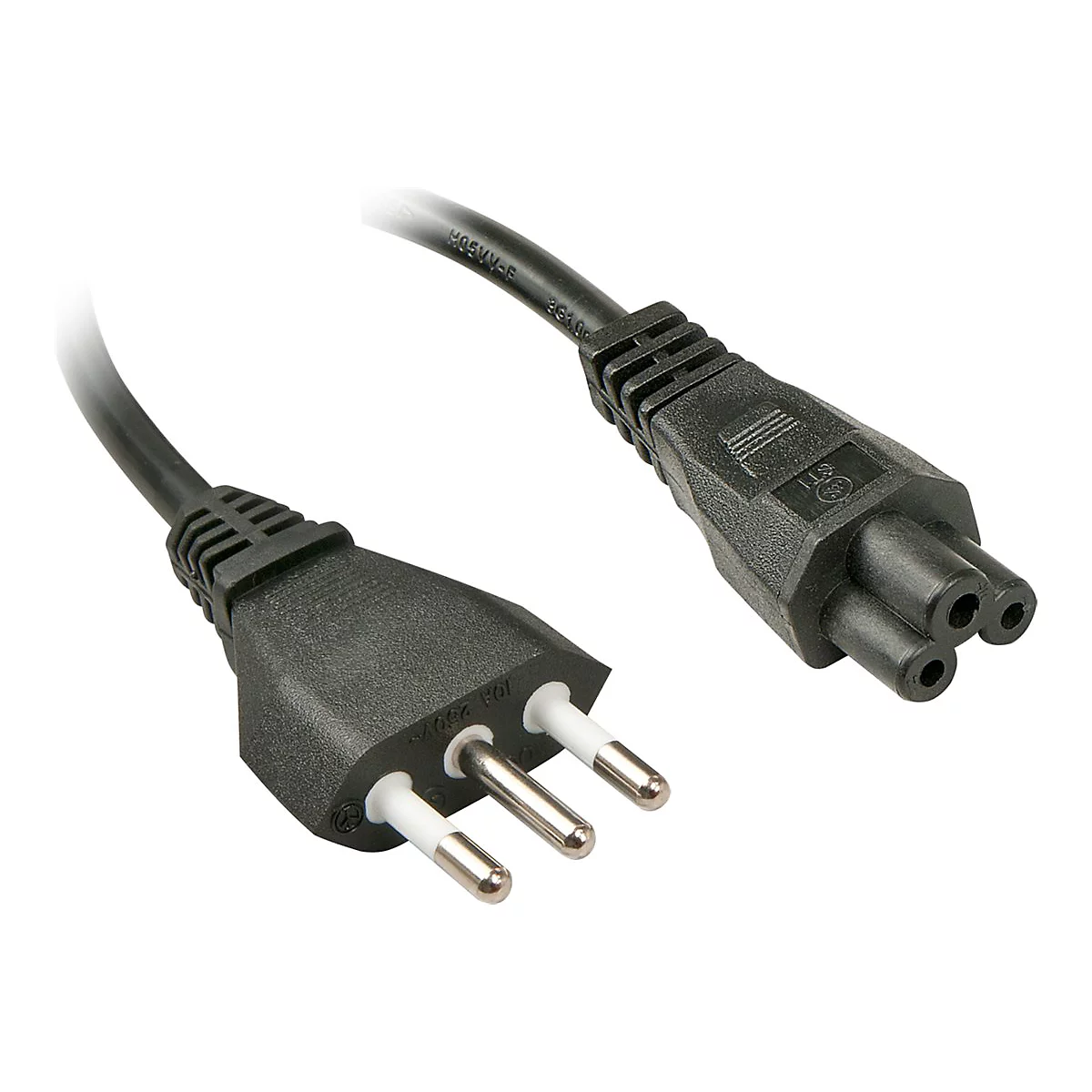 Ein schwarzes Netzkabel mit Stecker und Kupplung. Stecker mit drei Stiften, Kupplung mit drei LÃ¶chern.