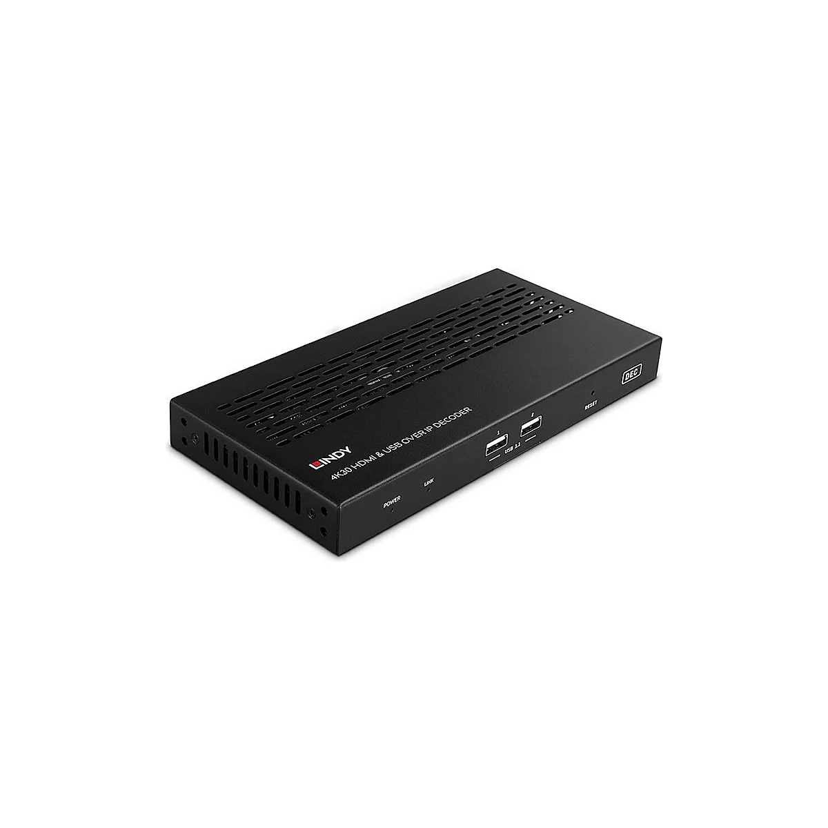 Décodeur Lindy noir. Inscription : 4K30 HDMI & USB Over IP Decoder. Connexions à gauche, bouton de réinitialisation à droite.
