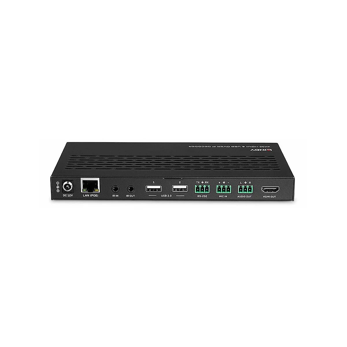 Décodeur HDMI et USB sur IP noir avec divers ports tels que LAN, IR, USB et HDMI.