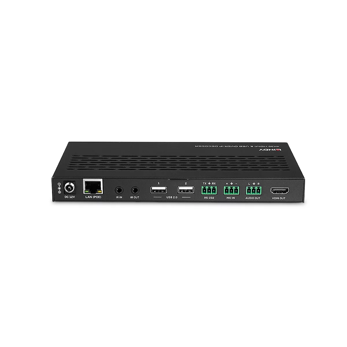 Décodeur Lindy 4K30 HDMI & USB over IP noir avec divers ports. Étiquettes : DC 12V, LAN, IR IN/OUT, USB 2.0, RS-232, MIC IN, Audio Out, HDMI Out.