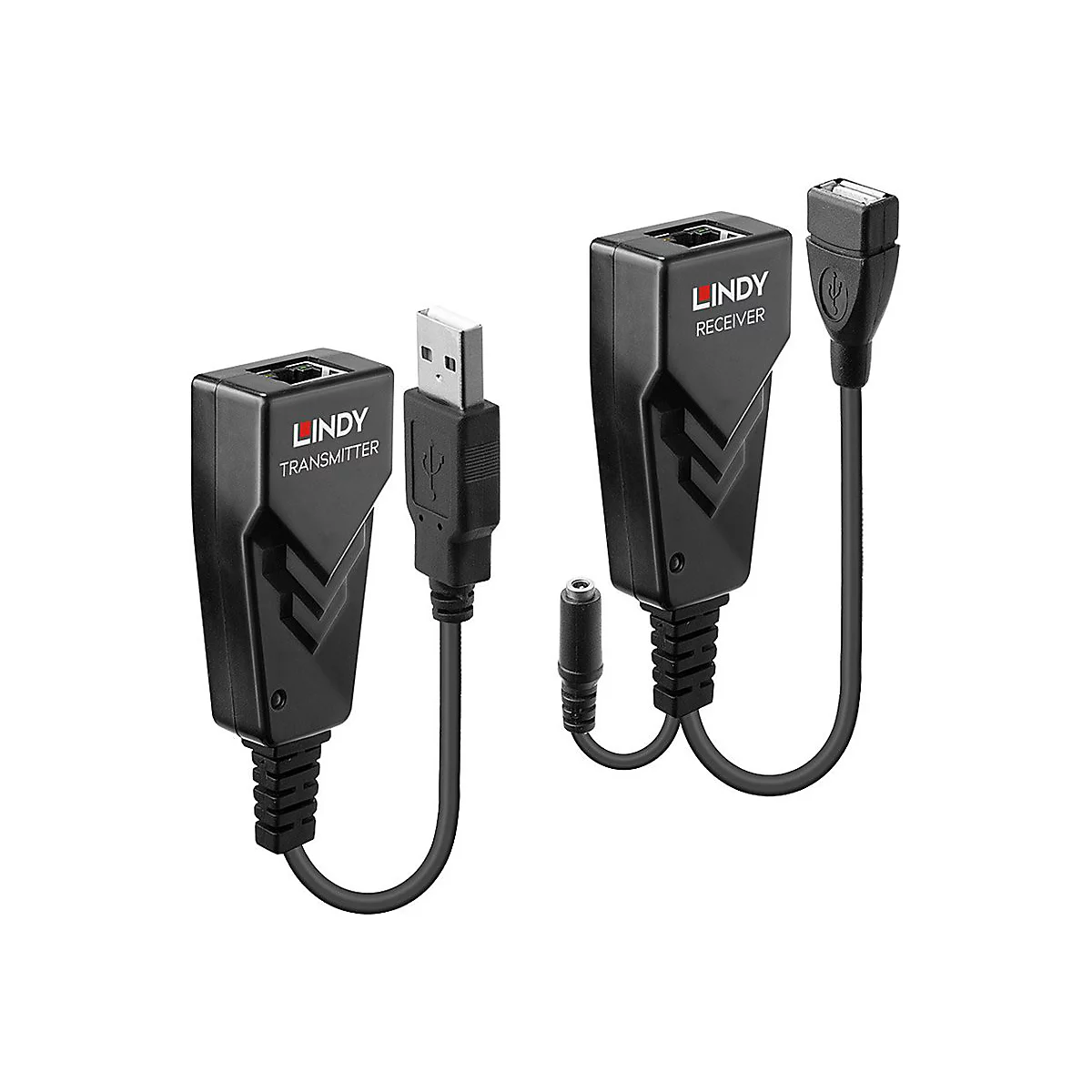 Deux extenseurs USB Lindy noirs : Ã©metteur et rÃ©cepteur, avec cÃ¢bles et logo.