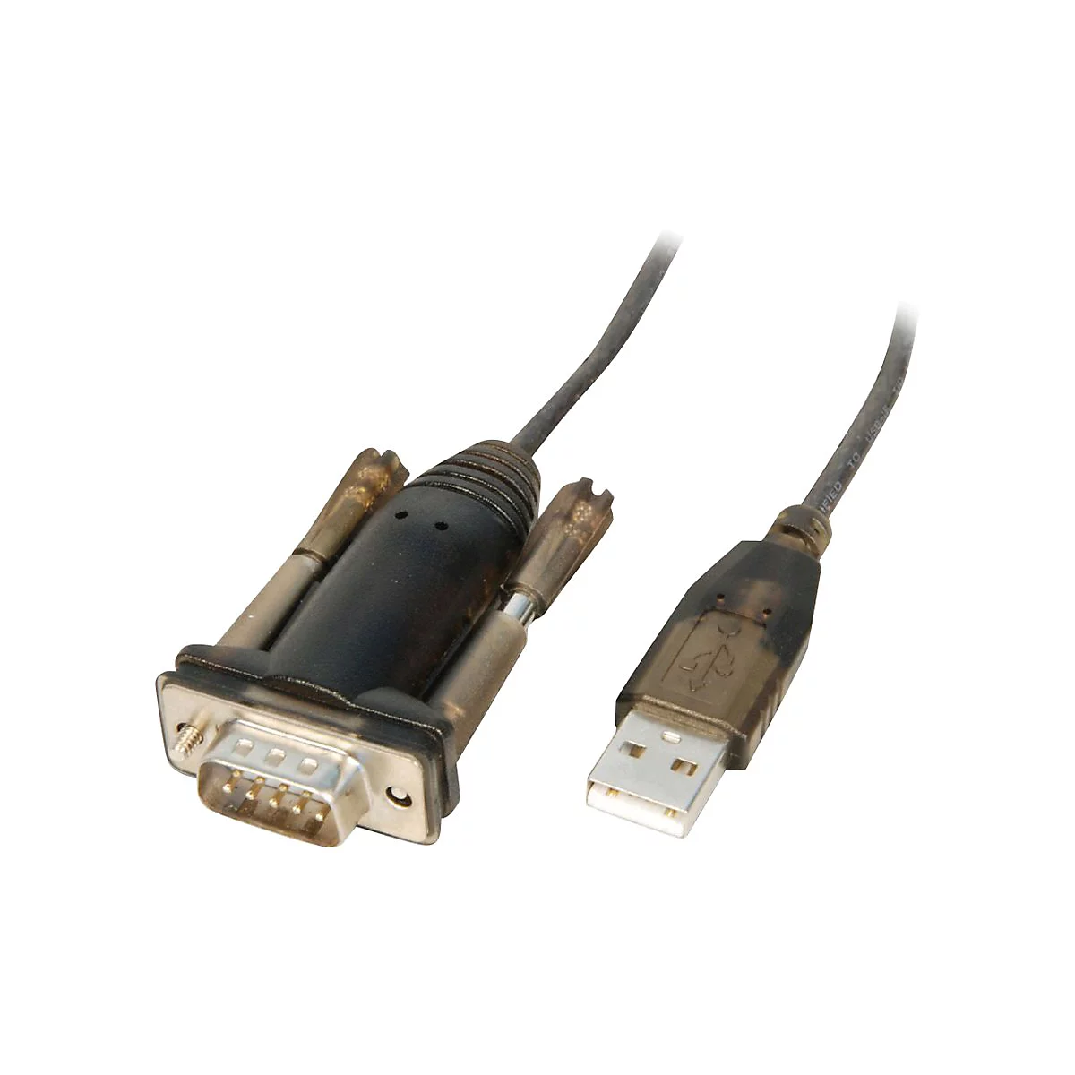 Ein USB-auf-RS232-Adapterkabel. Der RS232-Anschluss hat Schrauben, der USB-Anschluss eine rechteckige Form.