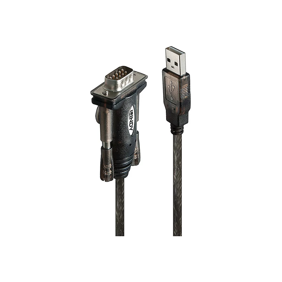 Ein schwarzes Kabel mit einem USB-Stecker an einem Ende und einem seriellen Anschluss am anderen Ende. Auf dem Anschluss steht "LINDY".