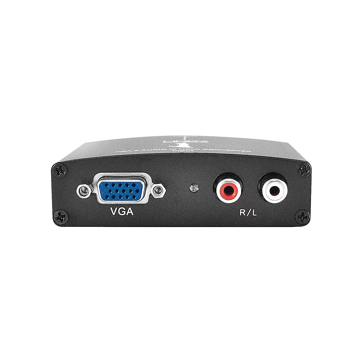 Schwarzer VGA-zu-HDMI-Konverter mit VGA-Anschluss, Audio-Anschlüssen und der Aufschrift R/L.