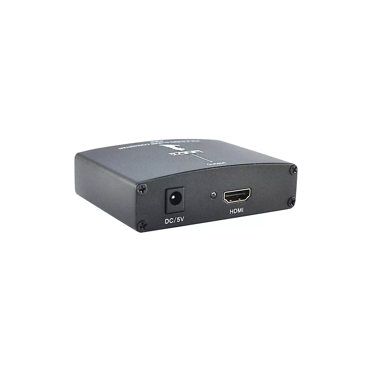 Schwarzer HDMI-Konverter mit Anschlüssen für HDMI und DC/5V.