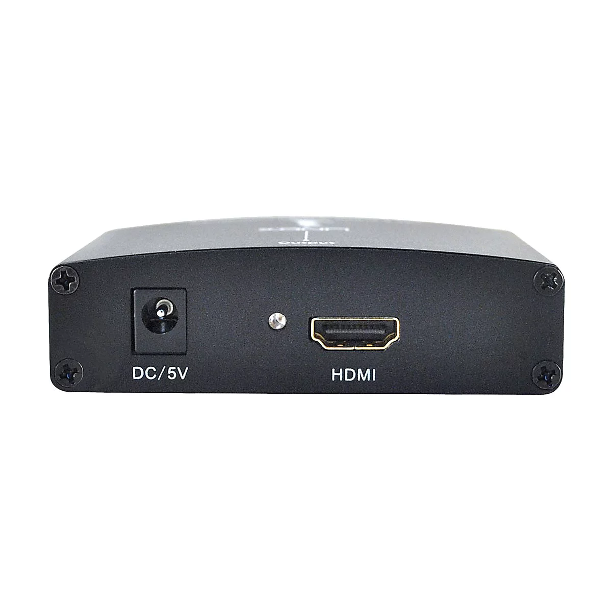 Schwarzer HDMI-Konverter mit DC/5V Anschluss und HDMI-Anschluss, Schrauben an den Ecken.