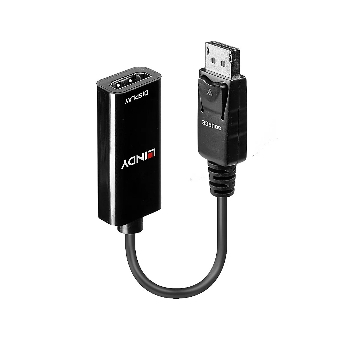 Schwarzer DisplayPort-Adapter mit Kabel. Auf einem Ende steht „DISPLAY“, auf dem anderen „SOURCE“.