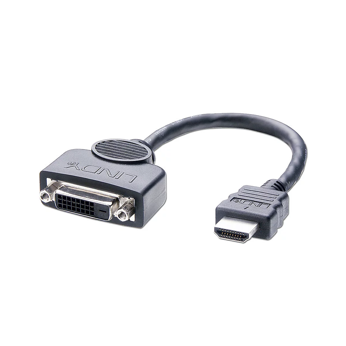 Schwarzes DVI-zu-HDMI-Kabel. Auf einem Ende DVI-Anschluss, auf dem anderen HDMI. Marke: LINDY.