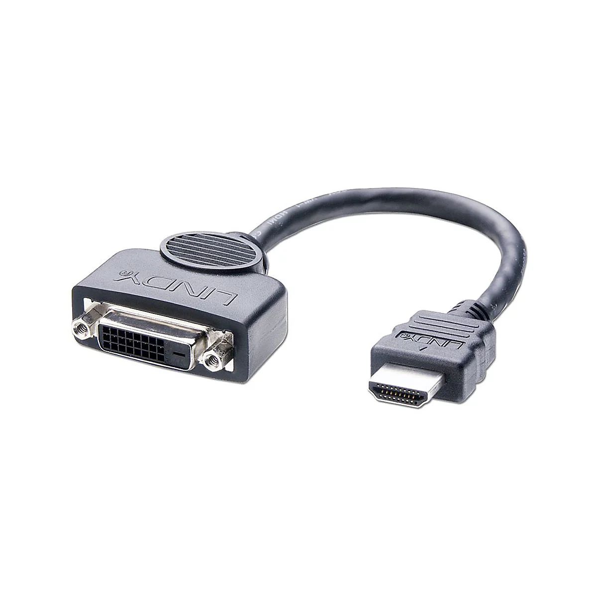 Ein schwarzer DVI-auf-HDMI-Adapter mit Lindy-Logo, Kabel und Anschlüssen auf weißem Hintergrund.