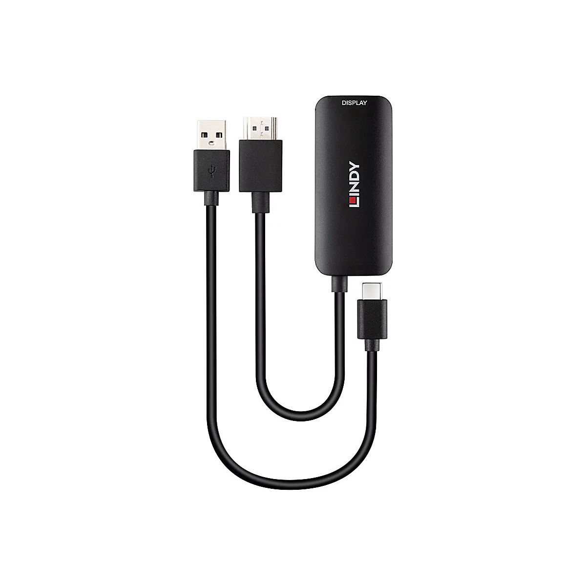 Schwarzer Lindy Display Adapter, USB-A auf HDMI und USB-C.