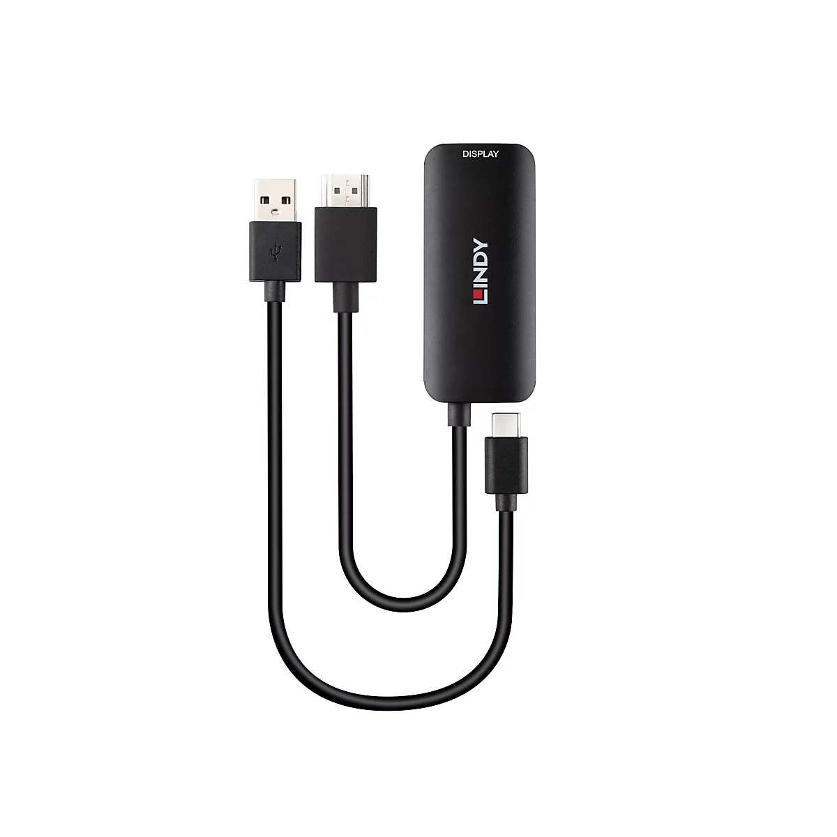 Schwarzer Lindy-Adapter mit USB-, HDMI- und USB-C-Anschlüssen. Kabel sind schwarz, Adapter hat "LINDY"-Logo.