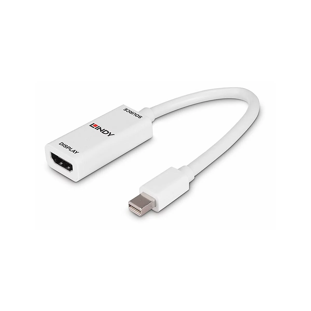 Ein weißes LINDY DisplayPort-zu-Mini-DisplayPort-Kabel. Auf dem Stecker steht "DISPLAY" und "SOURCE".